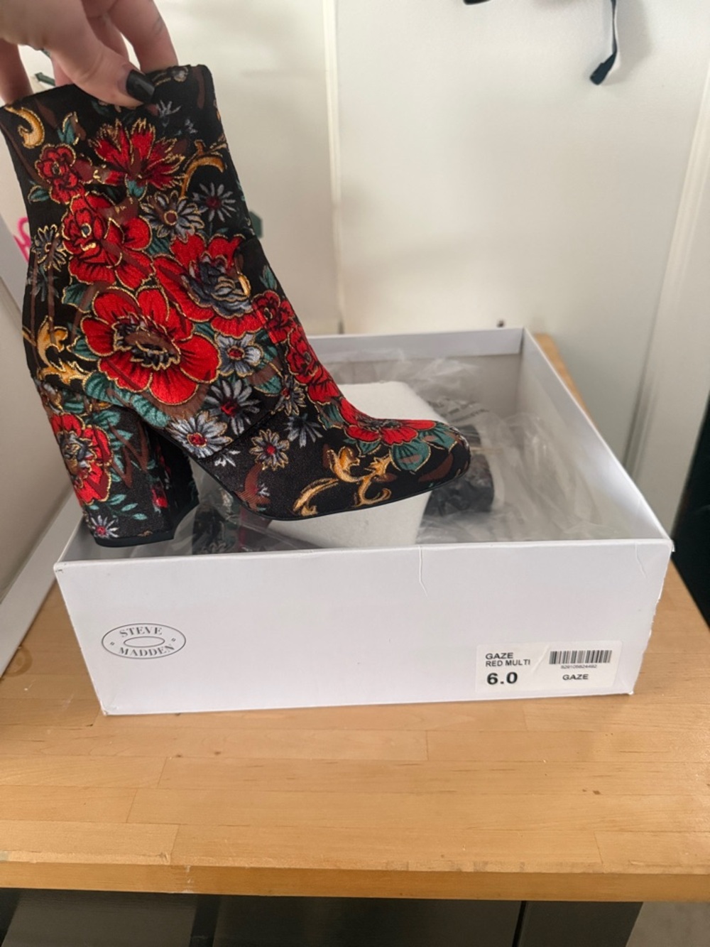 Steve Madden Floral Embroidered Black Ankle Boots with Red Accents